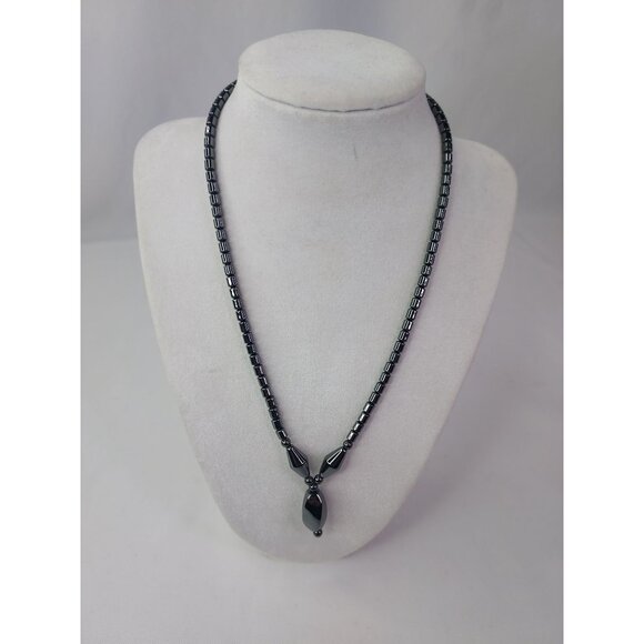 Hematite Beaded 18" Necklace With Twisted Teardrop Pendant - Picture 2 of 3